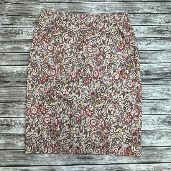 Charter Club Womens Paisley Pencil Skirt Cream Brown Yellow Red 10 Elastic Waist - Picture 1 of 11